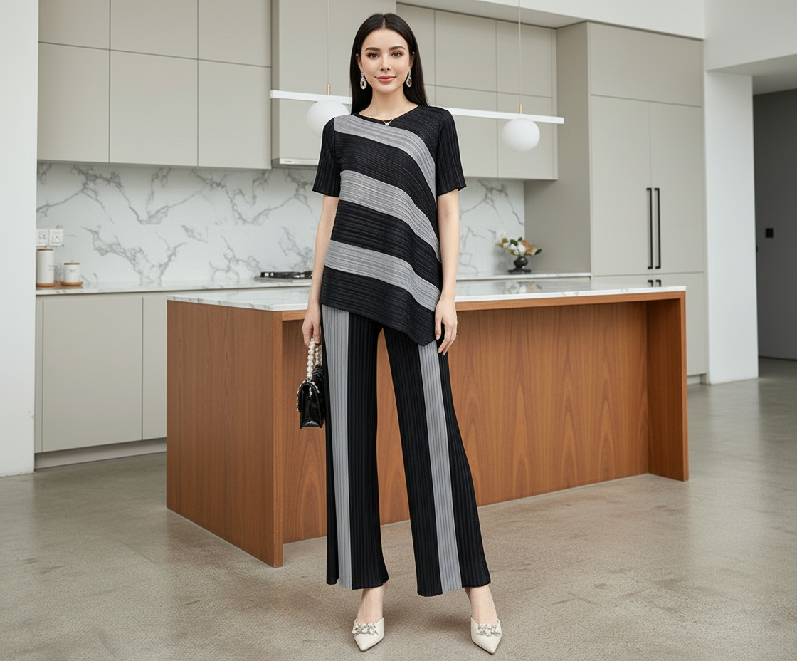 Top Loose Mild Pleated Stretching Skirt Two Pieces Set - Black