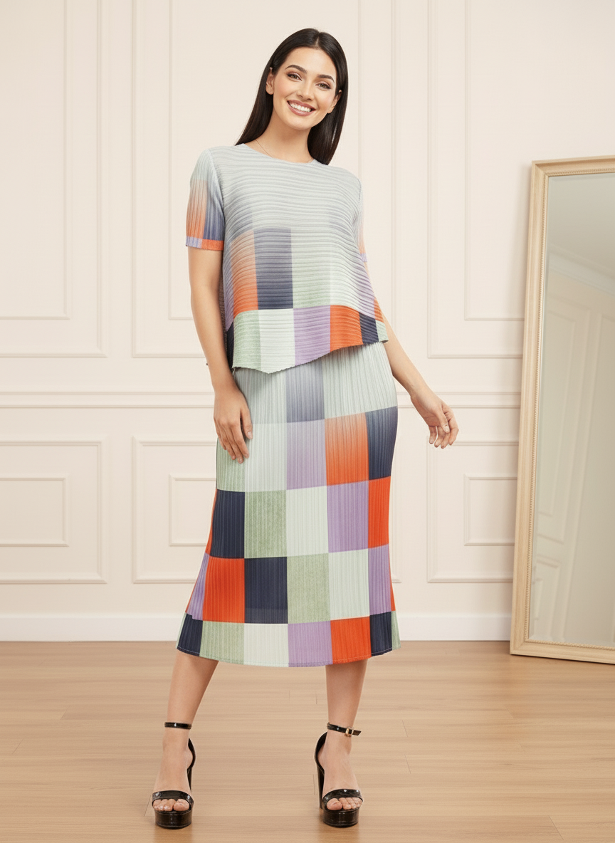 Pleated Multicolor High Neck Short Sleeve