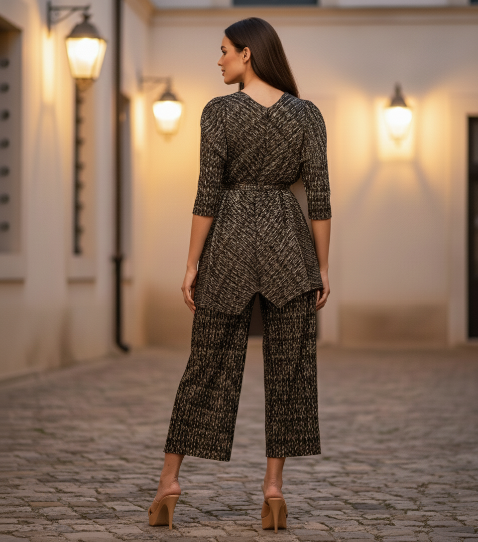 Gold Polyester Metallic Pleated Top And Pant Set - Black