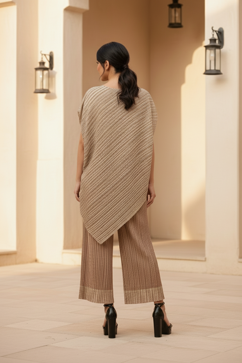 Polyester Metallic Pleated Top And Pant Set - Beige