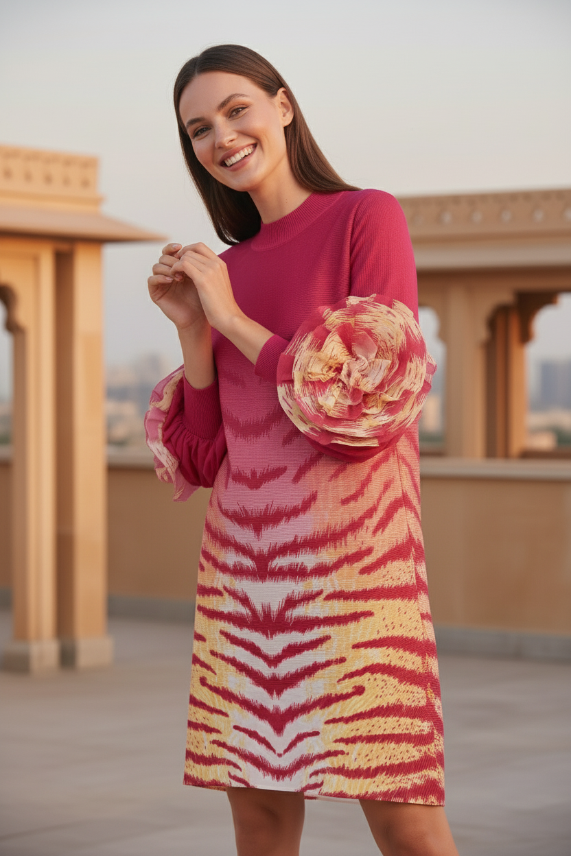 Soliel Ruffle Sleeve Print Dress - Rose Red