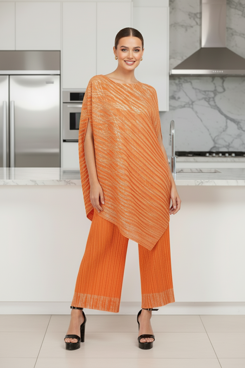 Polyester Metallic Pleated Top And Pant Set - Orange