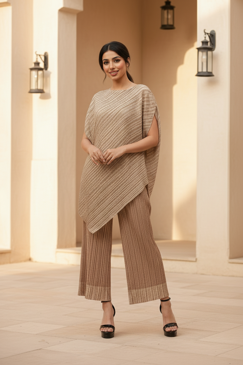 Polyester Metallic Pleated Top And Pant Set - Beige