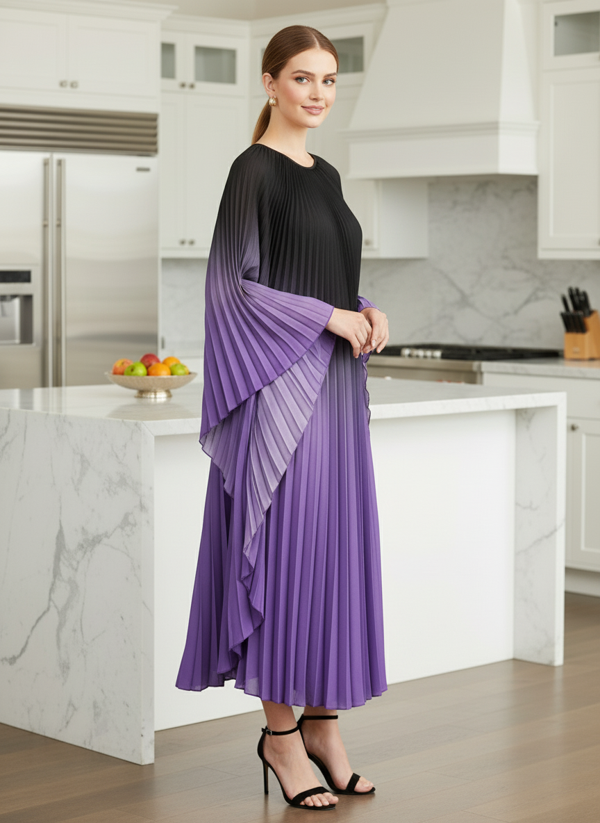 Pleated Gradual Color Dress Irregular O-neck Long Sleeves Loose Long - Purple