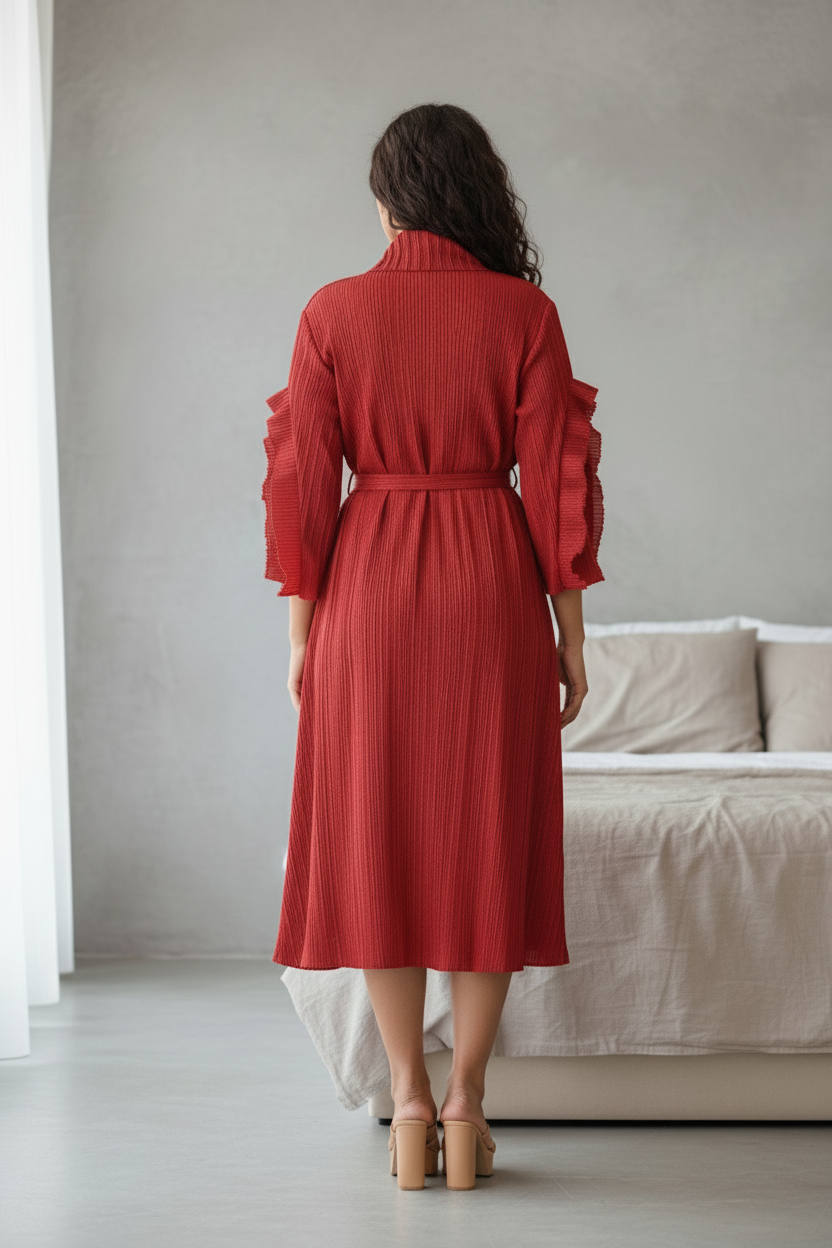 Full Sleeve pleated dress - Wine Red
