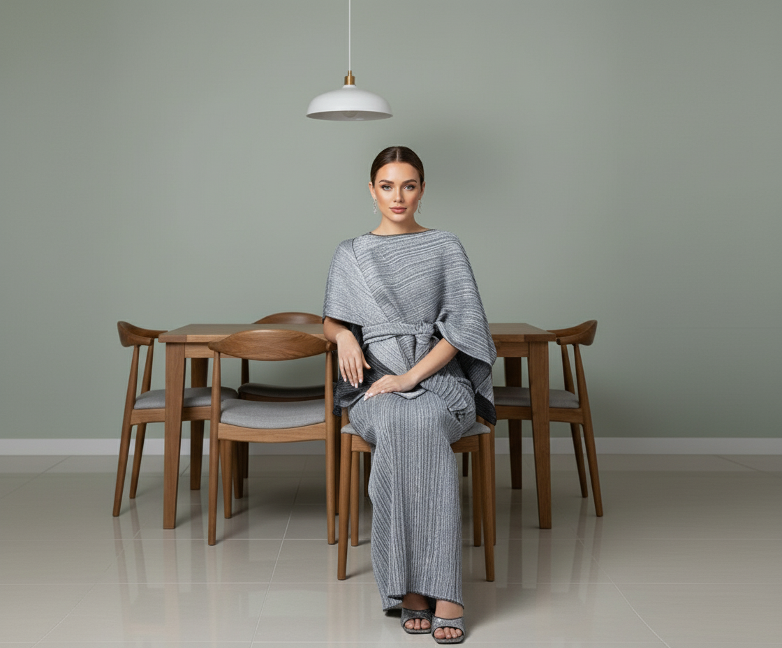 Summer Notched Pleated Dress - Grey