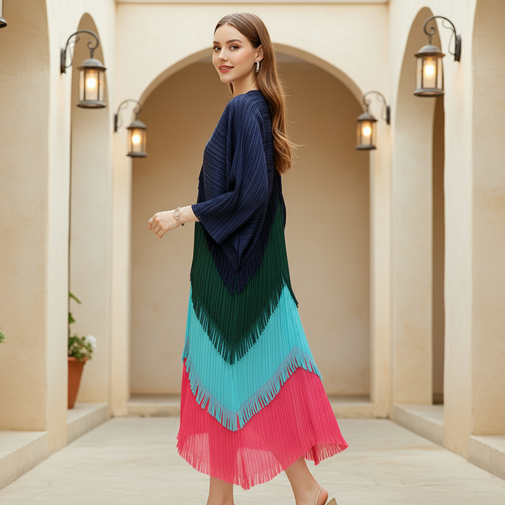 Kimono Fringe Dress - blue