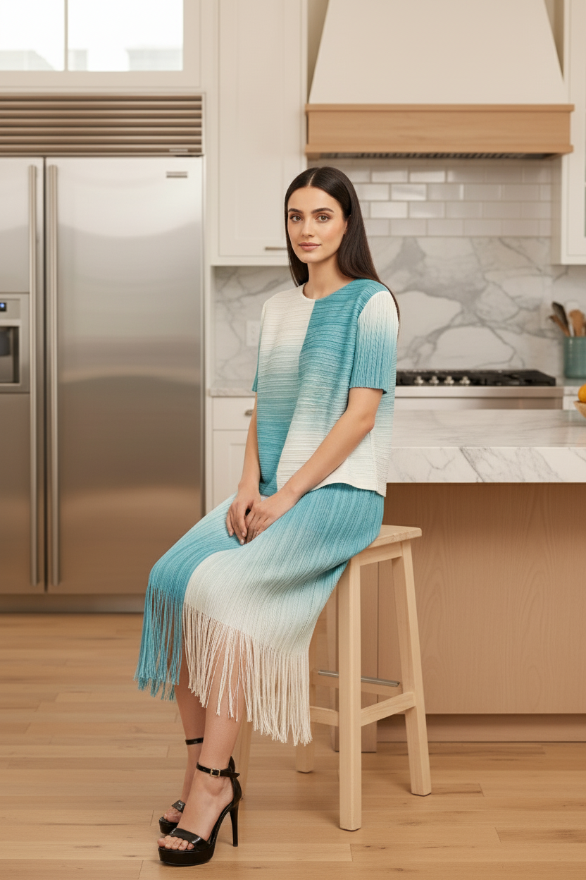 Ombre High Waist Pleated Midi Skirt - Blue