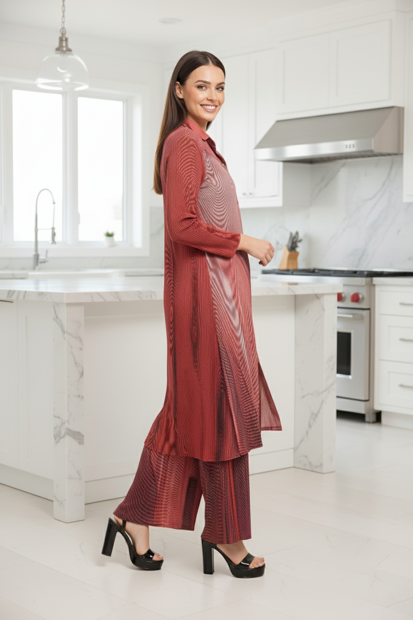 Polyester Button Down Tunic And Set - Red