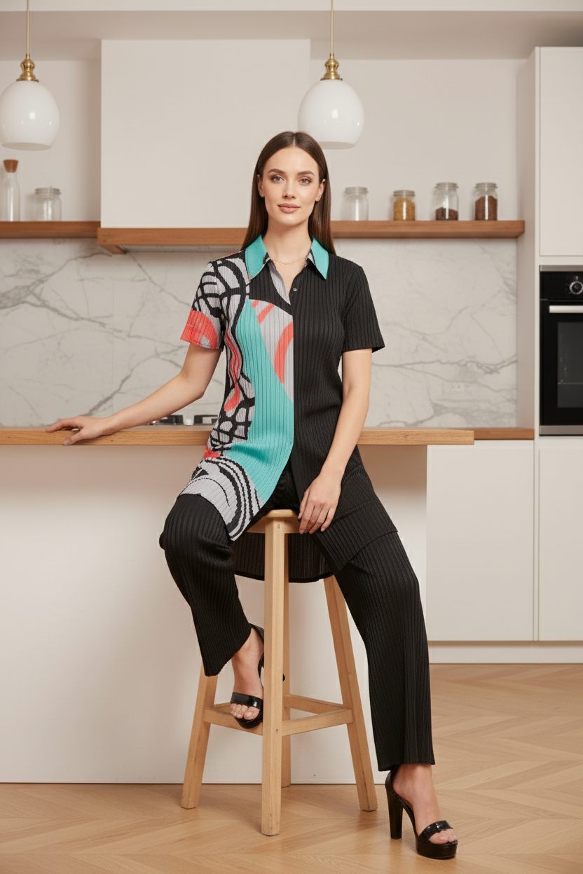 Stitched Yoke Notch Mandarin Neck - Black