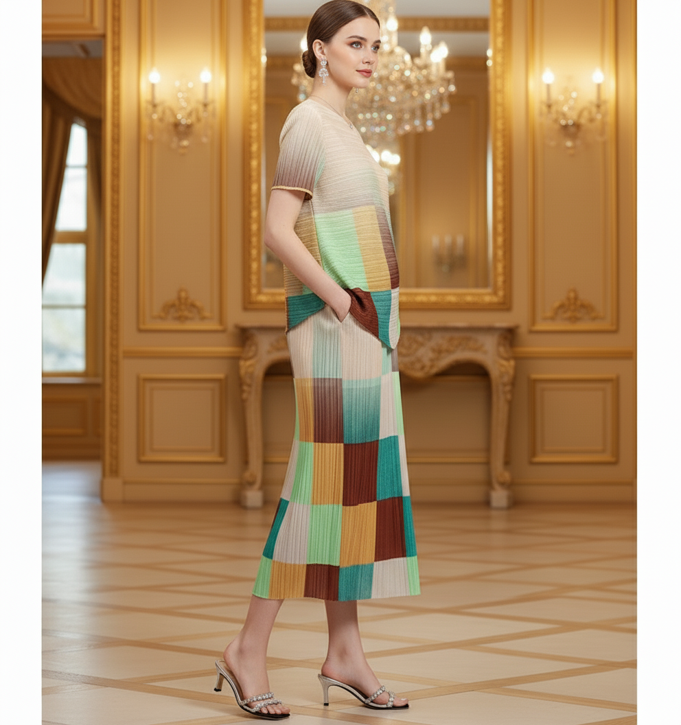 Pleated Multicolor High Neck Short Sleeve