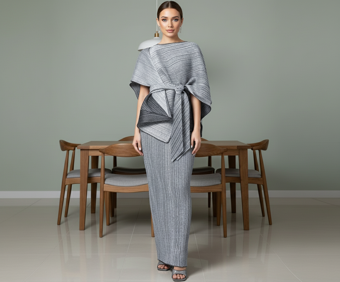 Summer Notched Pleated Dress - Grey