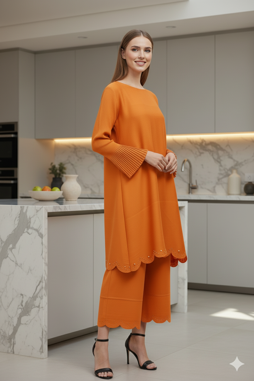 PEARL EMBROIDERED COORD SET - Orange