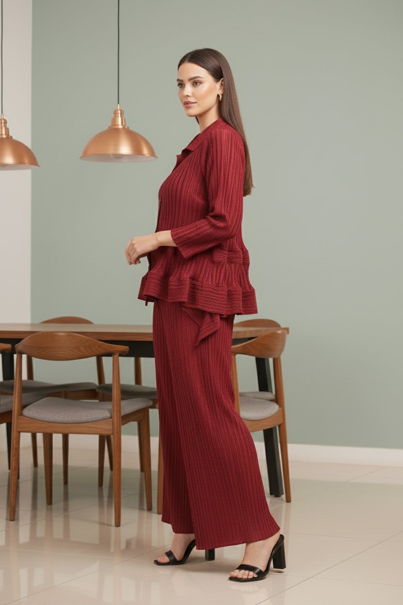Garnet Polyester Pant Set - Wine Red