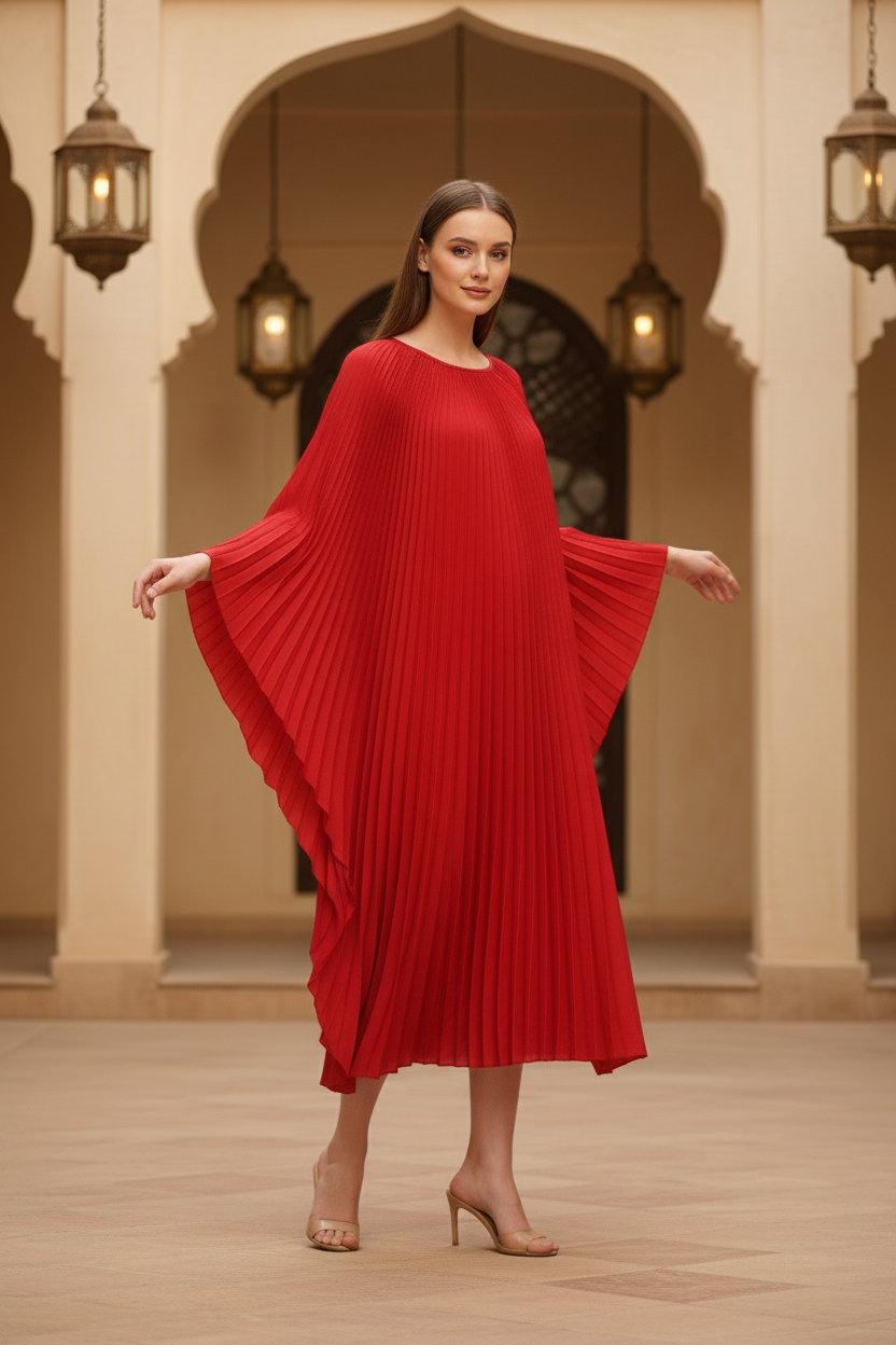 Loose Batwing Sleeve Elegant Pleated Dress - Red