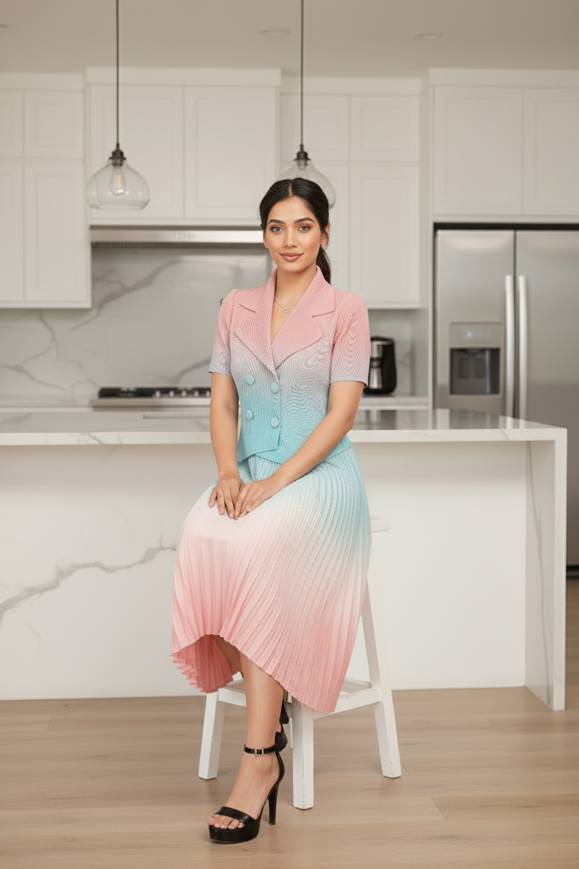 Dual Color Ombre Pleated Skirt Set - Pink