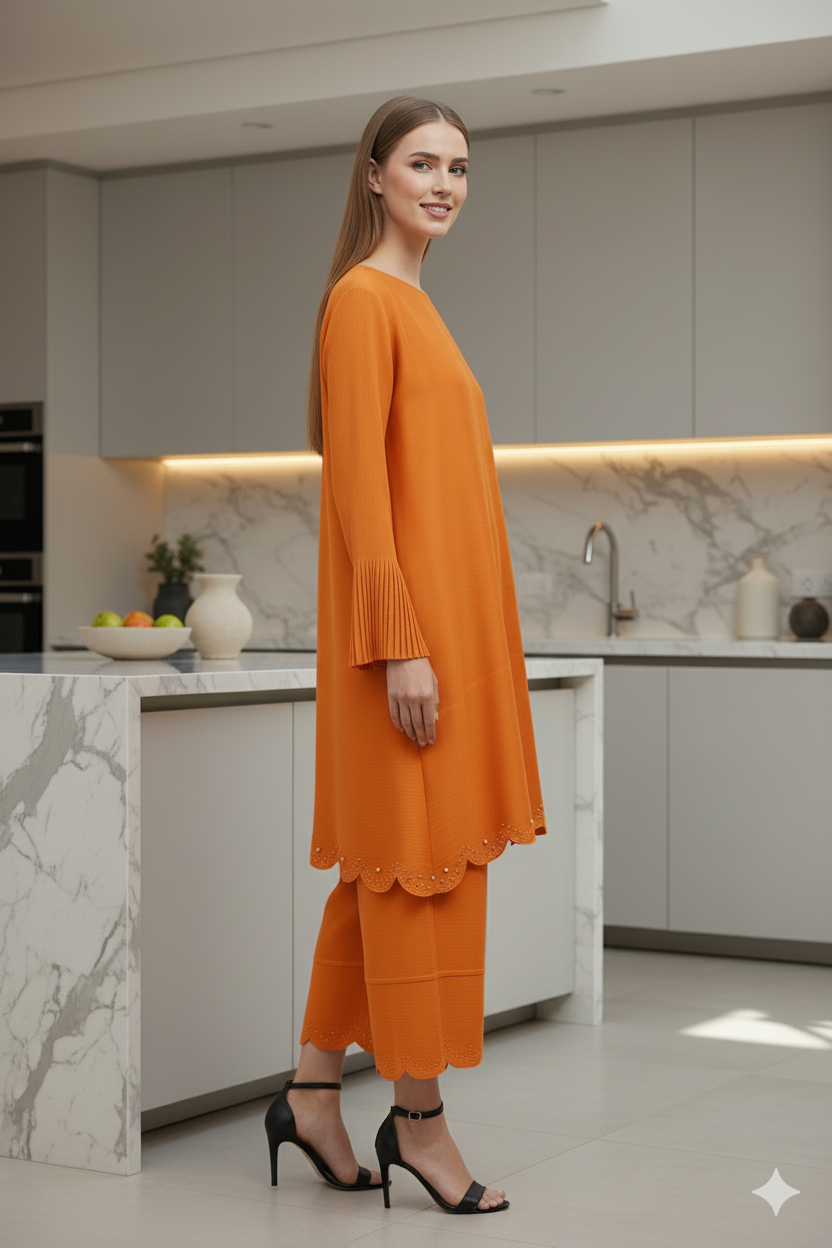 PEARL EMBROIDERED COORD SET - Orange