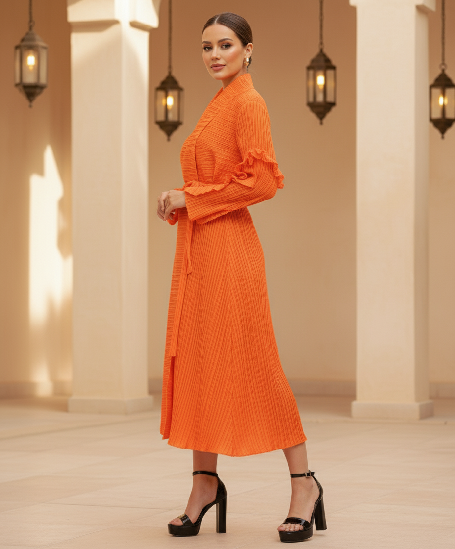 Full Sleeve pleated dress - Orange