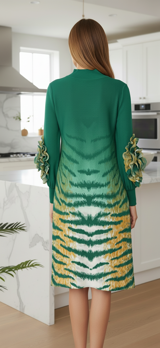 Soliel Ruffle Sleeve Print Dress - Green