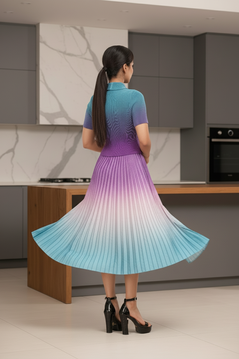 Dual Color Ombre Pleated Skirt Set - Blue