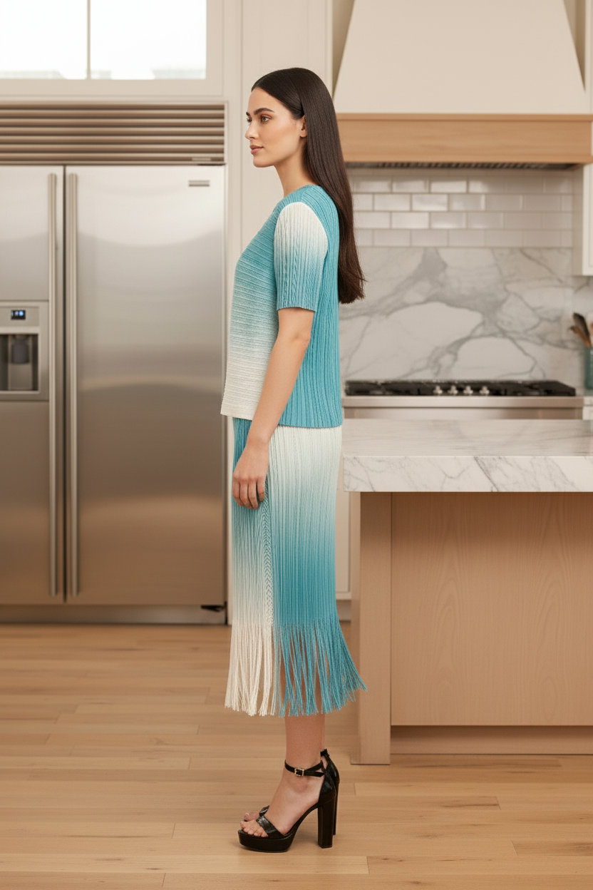 Ombre High Waist Pleated Midi Skirt - Blue