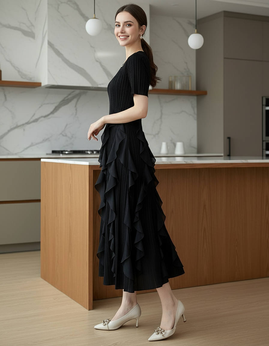 Spring Summer Ruffled Tunic - Black