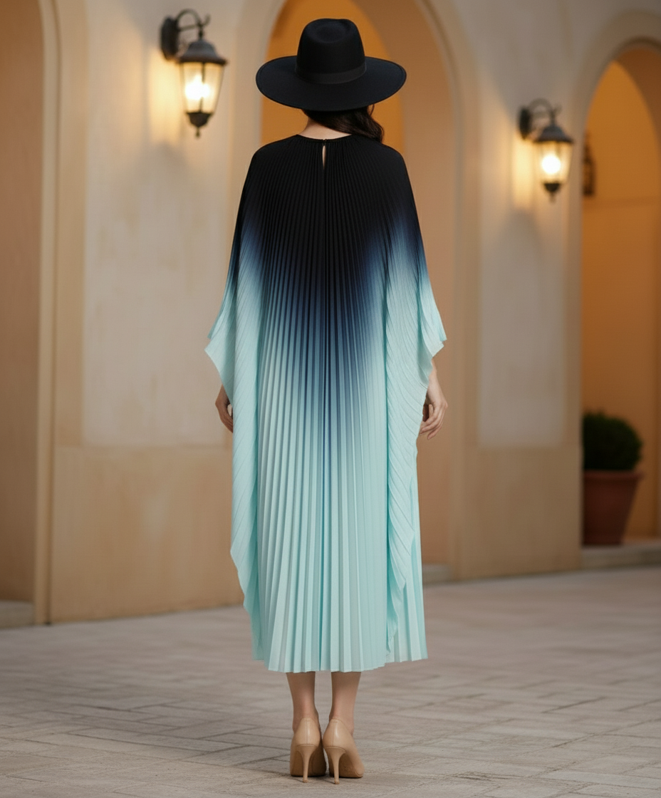 Pleated Gradual Color Dress Irregular O-neck Long Sleeves Loose Long -Dark Grey