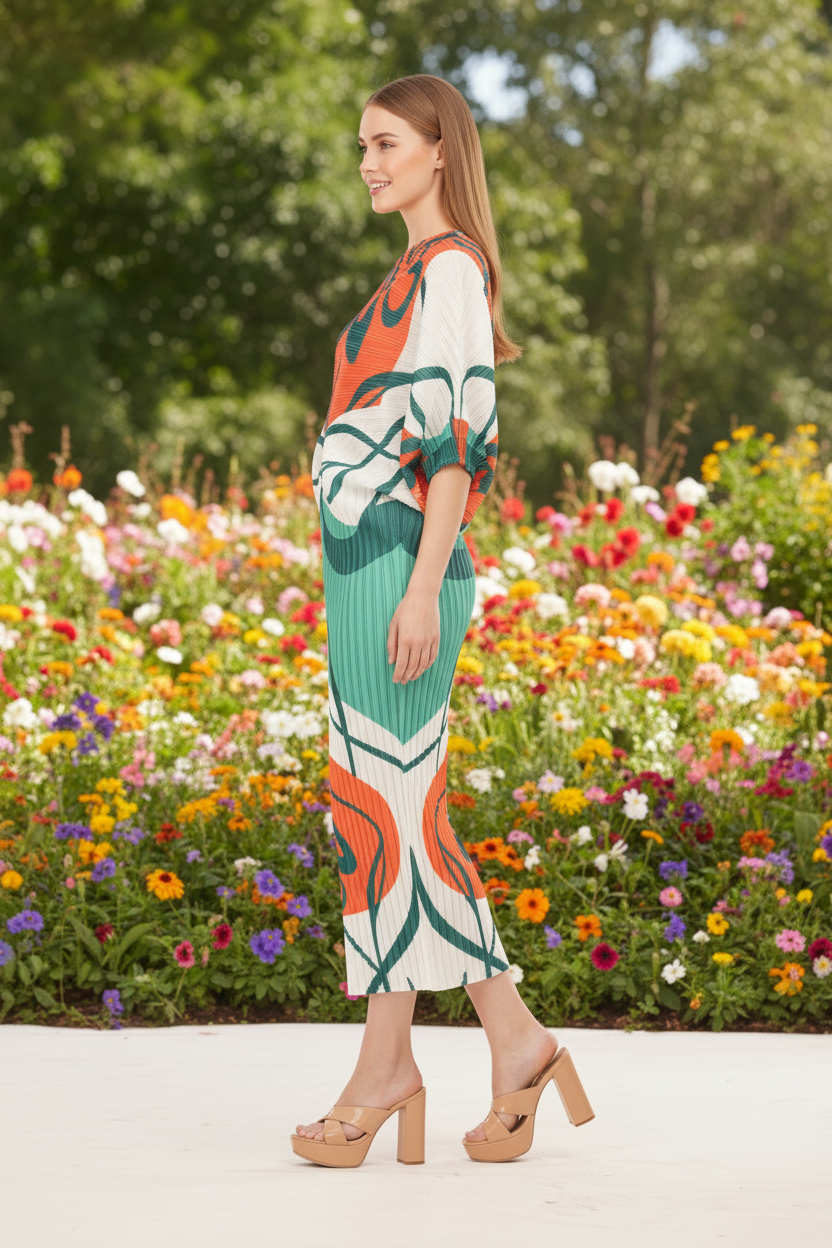 Tangerine Crepe Digital Printed Co-Ord Set - Green