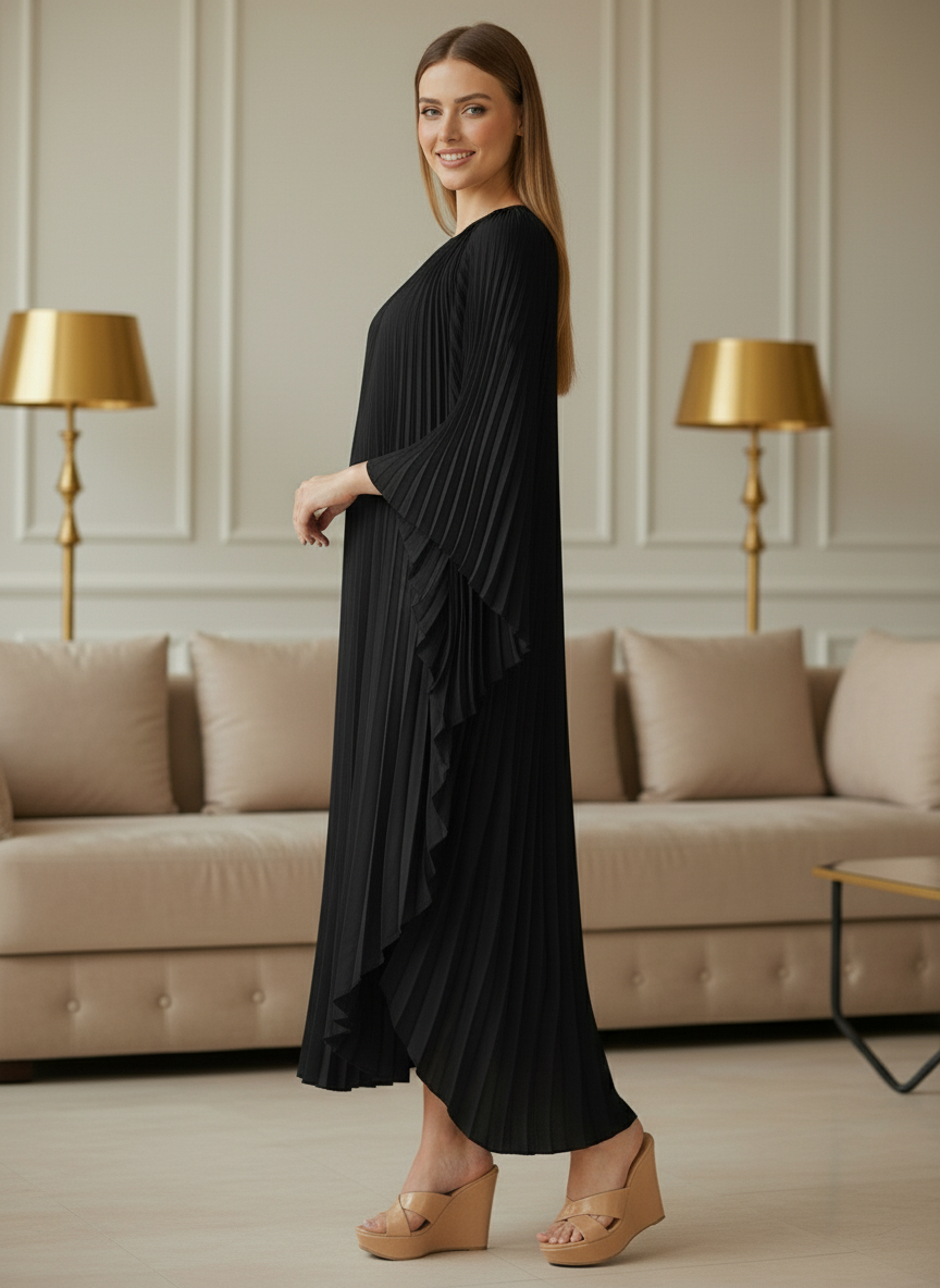 Loose Batwing Sleeve Elegant Pleated Dress - Black