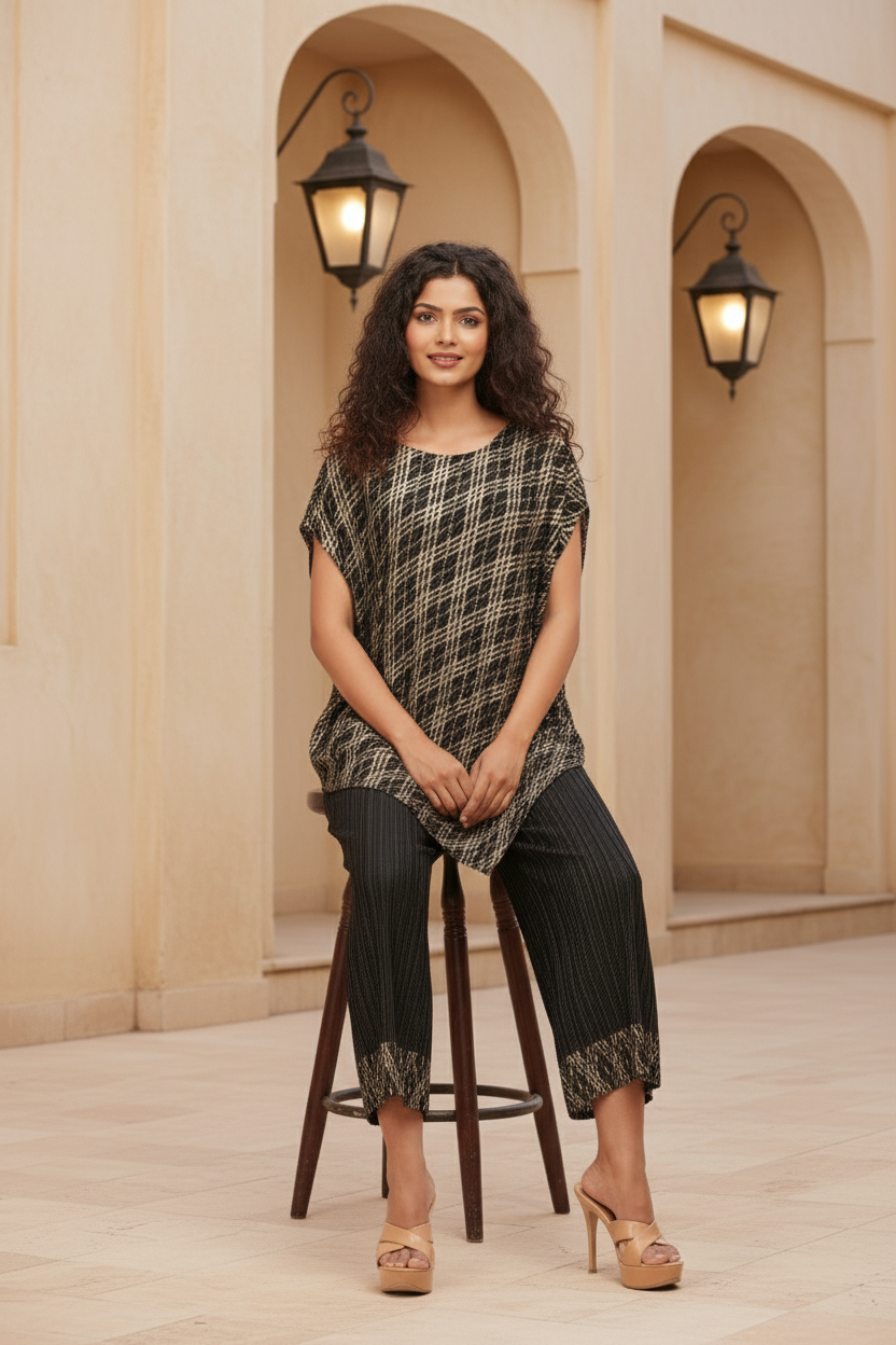 Polyester Metallic Pleated Top And Pant Set - Black