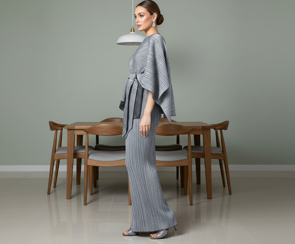 Summer Notched Pleated Dress - Grey
