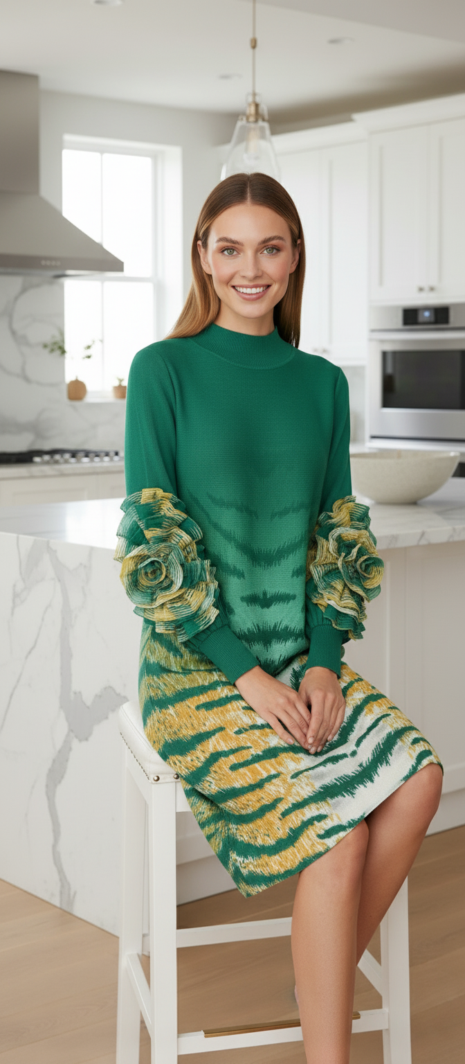 Soliel Ruffle Sleeve Print Dress - Green