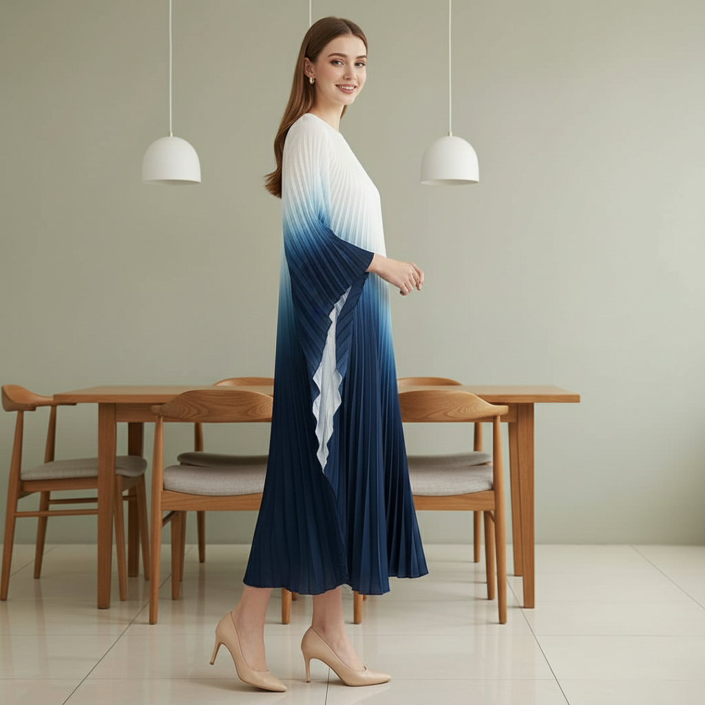 Pleated Gradual Color Dress Irregular O-neck Long Sleeves Loose Long - white