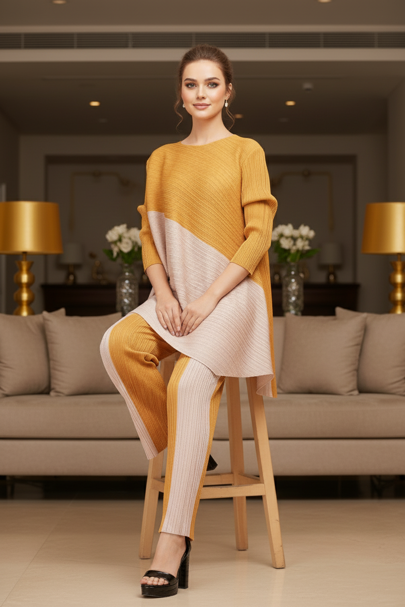 Top Loose Mild Pleated Stretching Skirt Two Pieces Set - Yellow