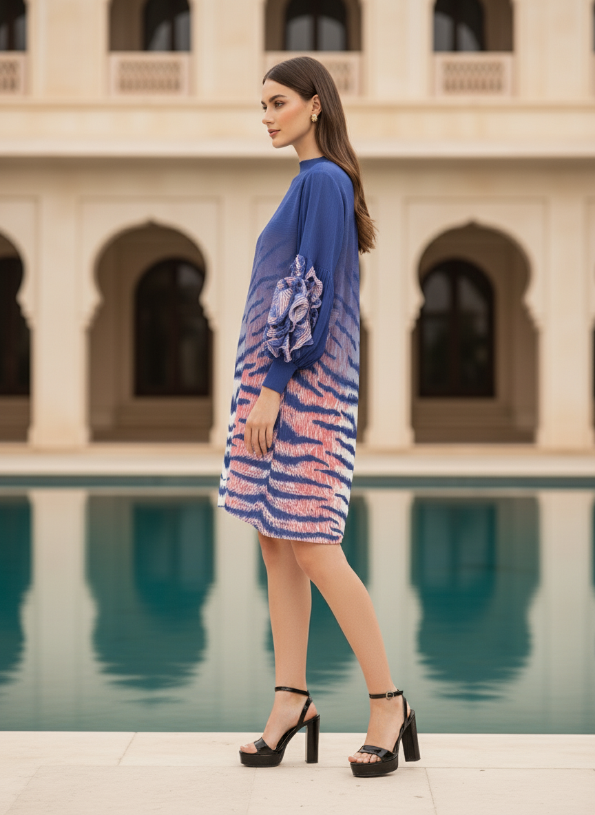 Soliel Ruffle Sleeve Print Dress - Blue