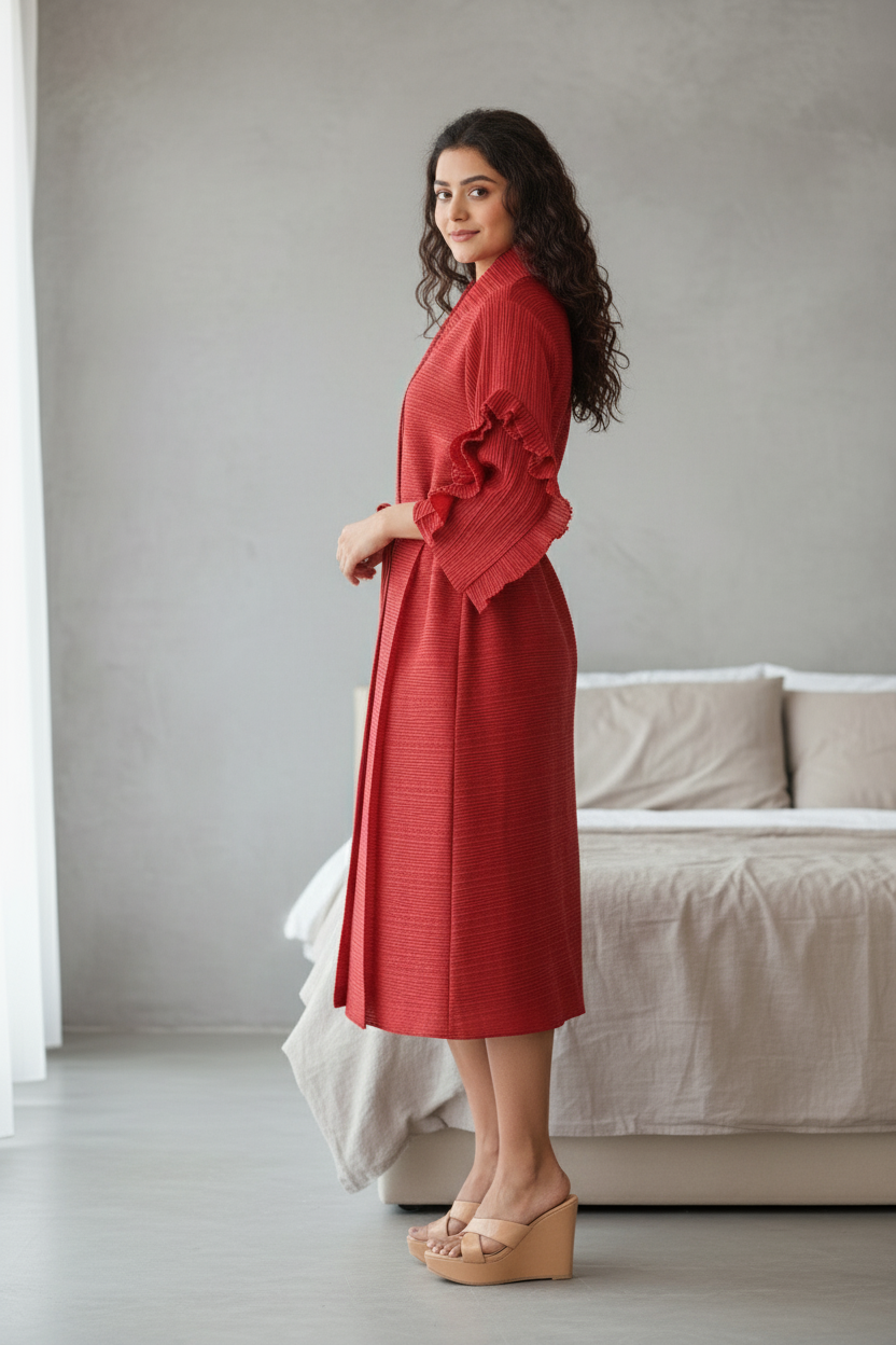 Full Sleeve pleated dress - Wine Red