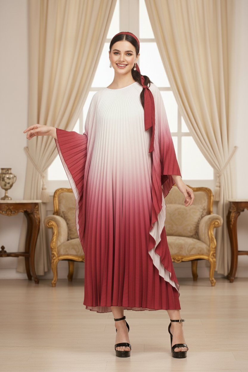 Pleated Gradual Color Dress Irregular O-neck Long Sleeves Loose Long - Wine Red