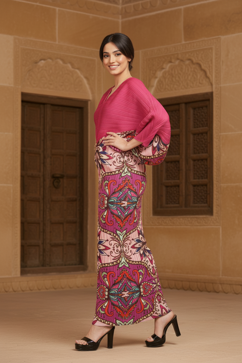 Deep V-Neck and High-Waist Gown - Pink