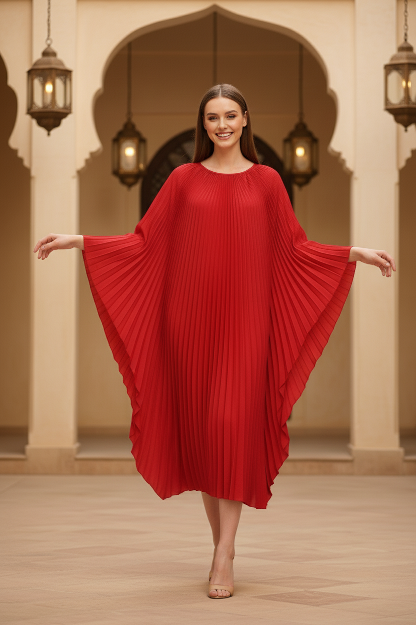 Loose Batwing Sleeve Elegant Pleated Dress - Red