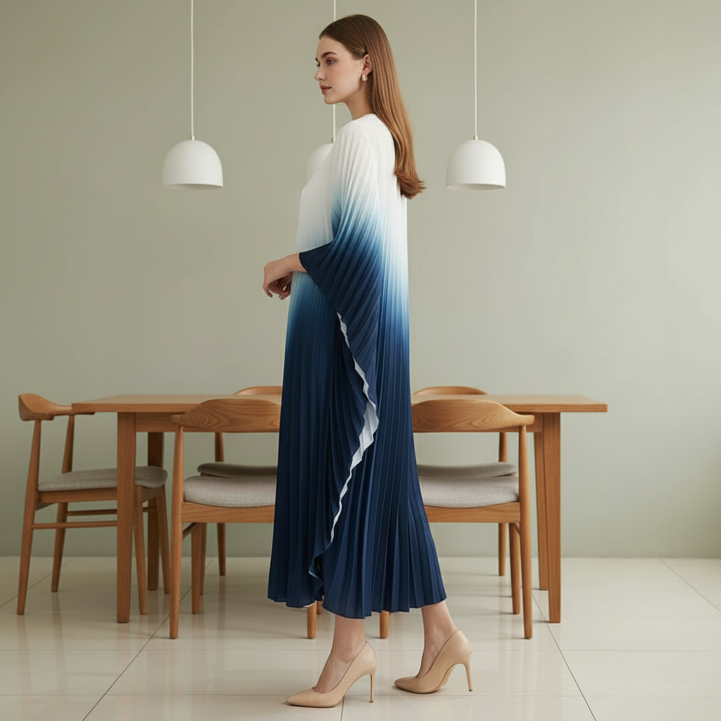 Pleated Gradual Color Dress Irregular O-neck Long Sleeves Loose Long - white