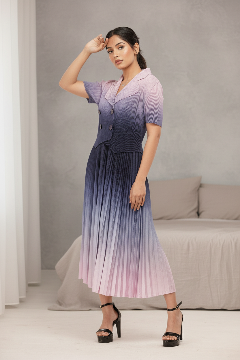 Dual Color Ombre Pleated Skirt Set - Purple