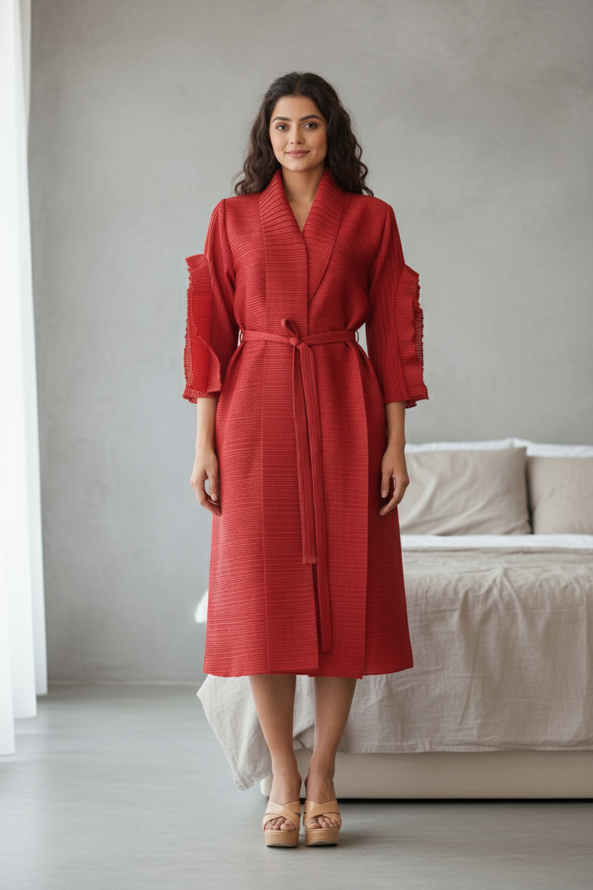 Full Sleeve pleated dress - Wine Red