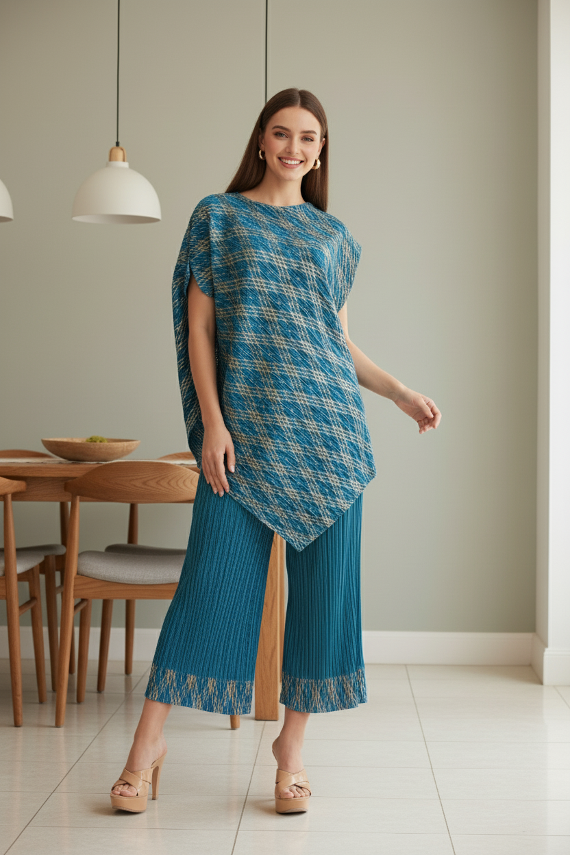 Polyester Metallic Pleated Top And Pant Set - Blue