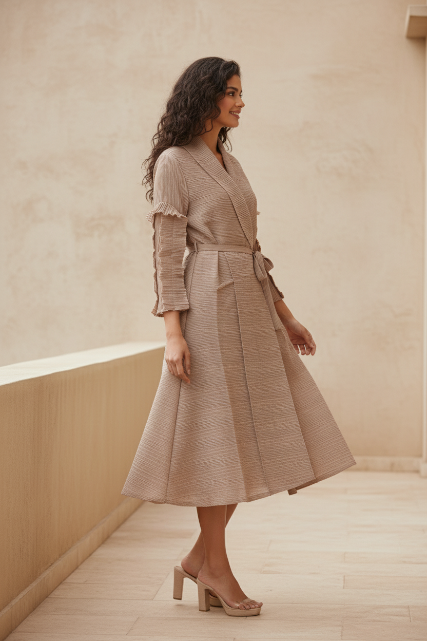 Full Sleeve pleated dress - Beige