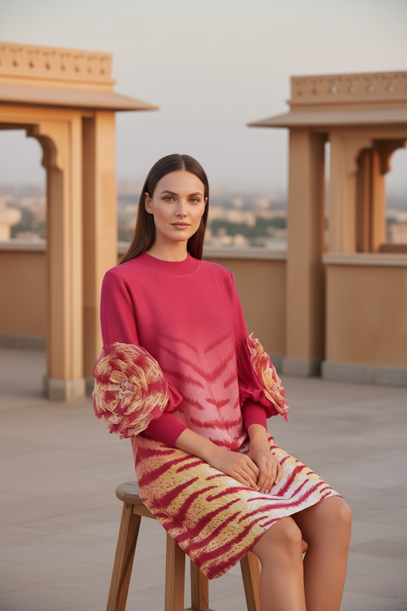 Soliel Ruffle Sleeve Print Dress - Rose Red