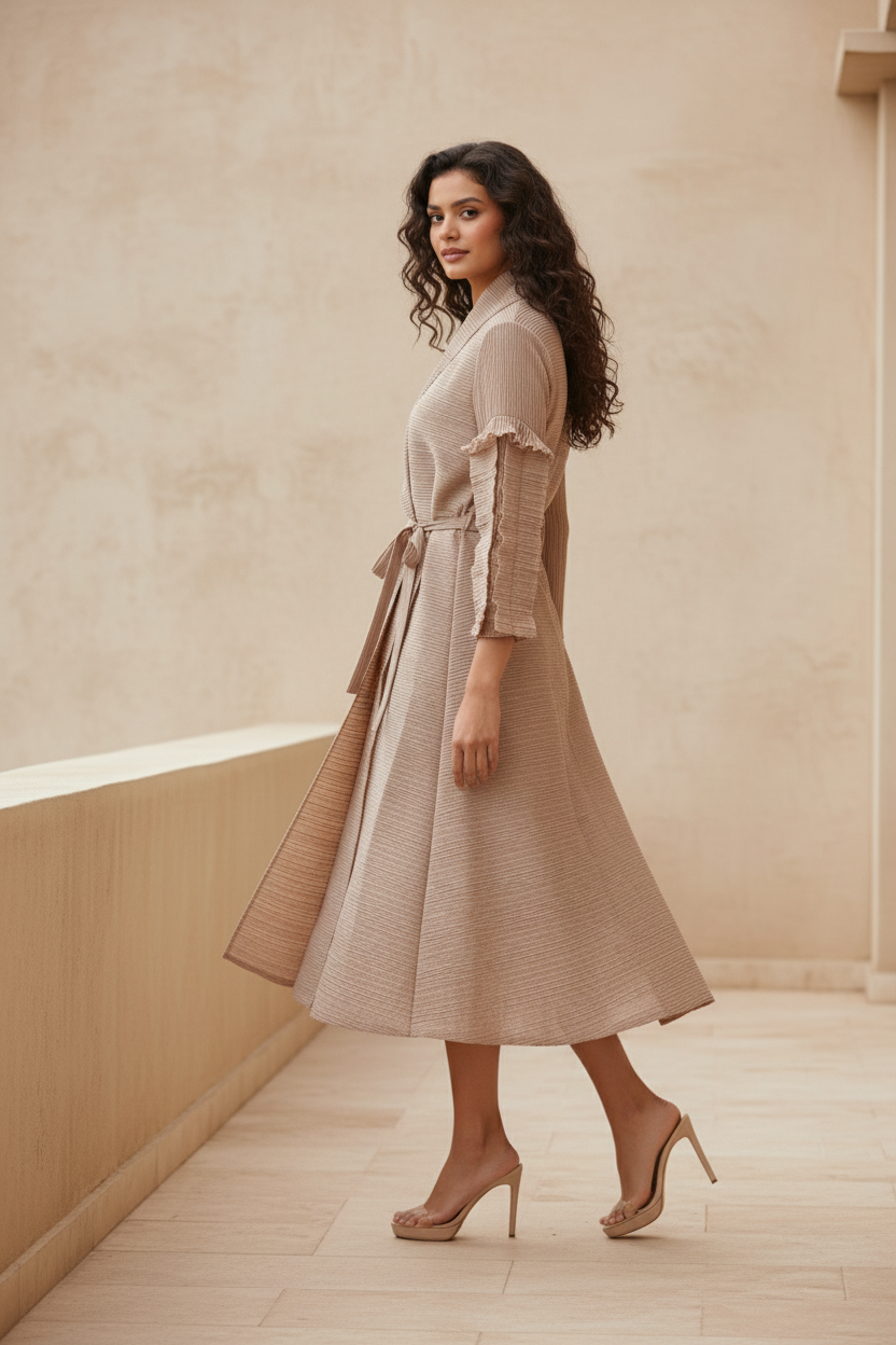 Full Sleeve pleated dress - Beige