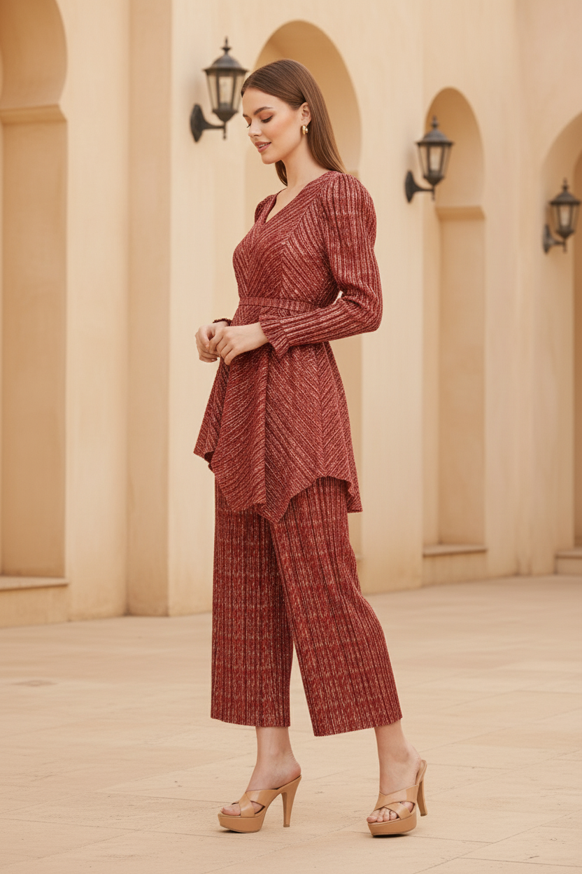 Gold Polyester Metallic Pleated Top And Pant Set - Wine Red