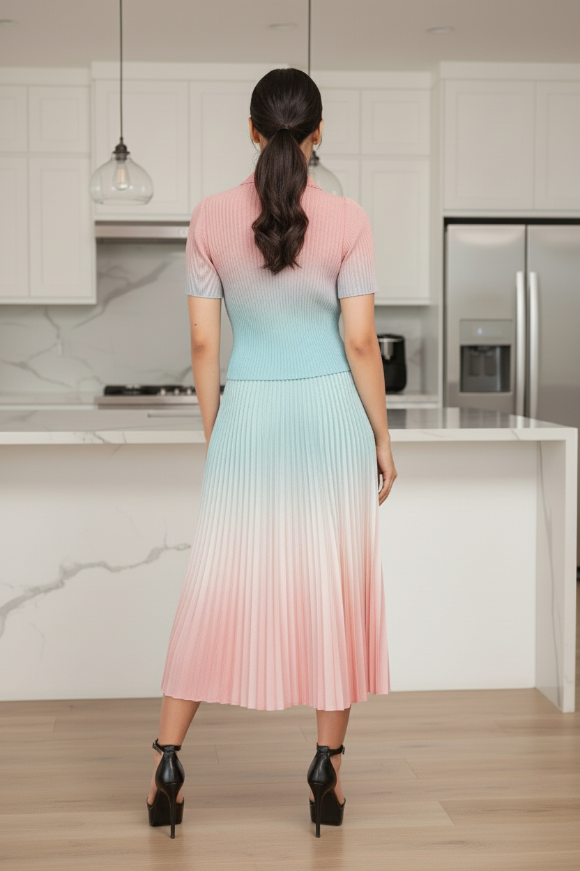 Dual Color Ombre Pleated Skirt Set - Pink