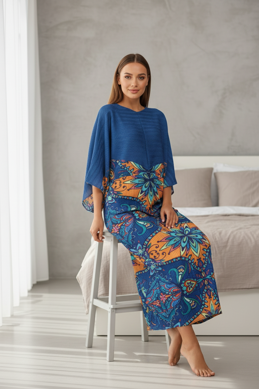 Deep V-Neck and High-Waist Gown - Blue