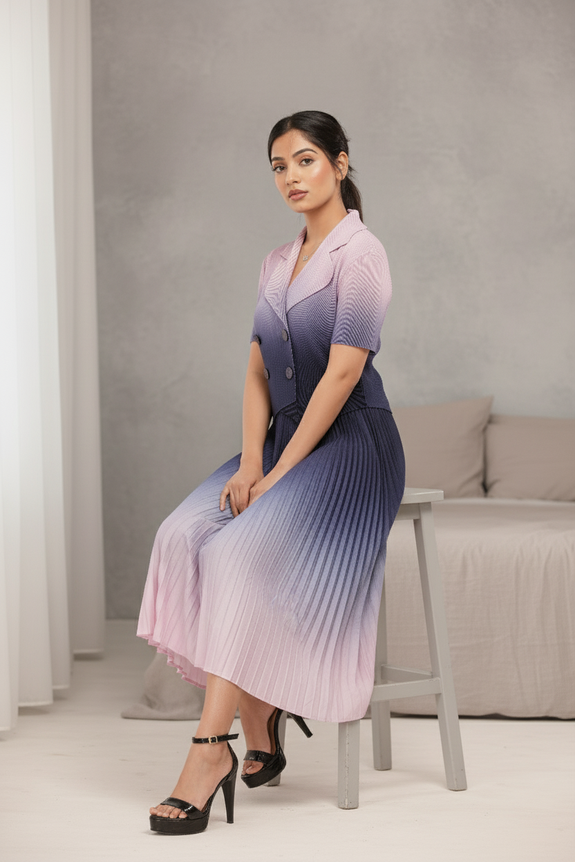 Dual Color Ombre Pleated Skirt Set - Purple